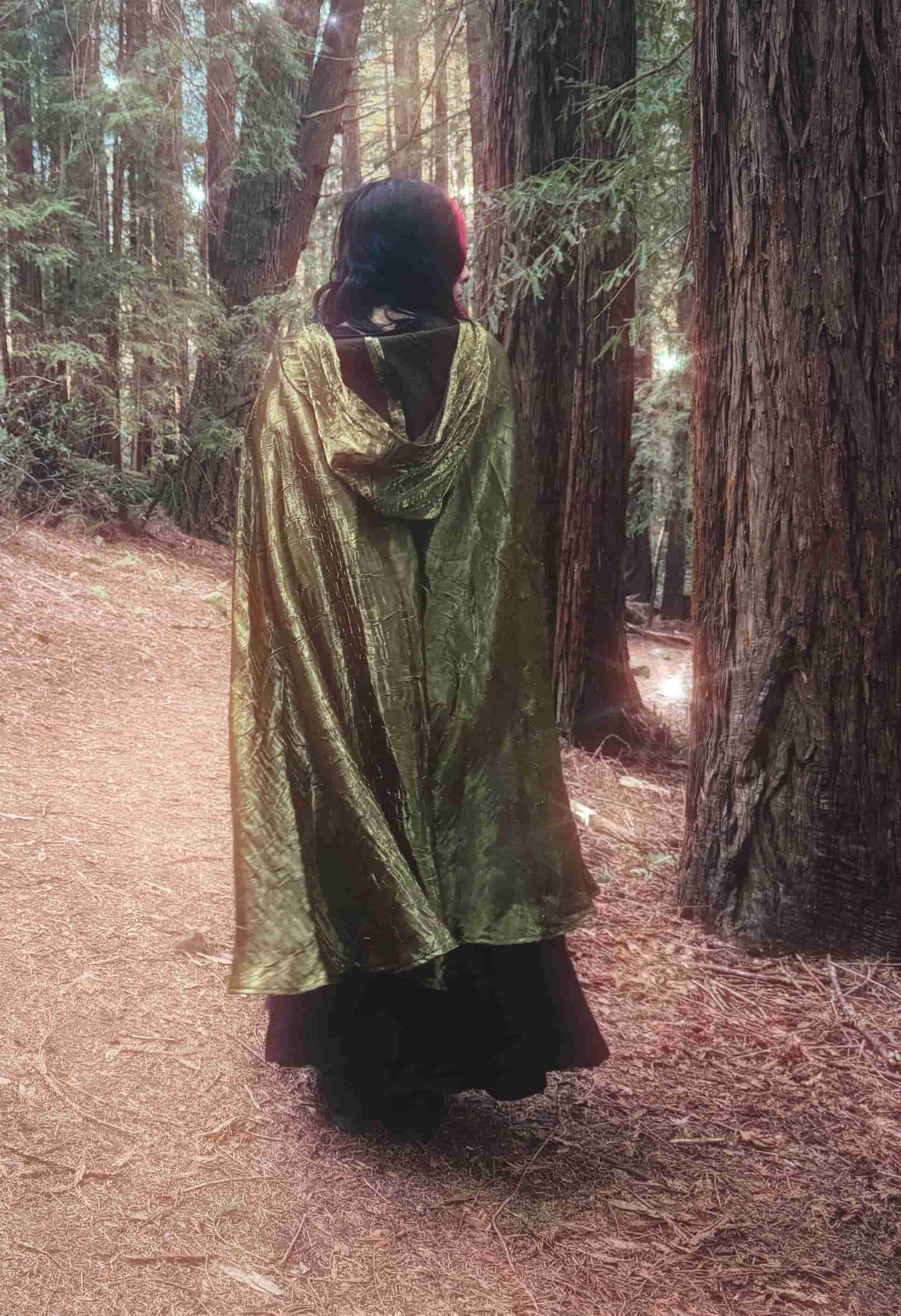Handmade gilded green iridescent lightweight cape, perfect for renaissance fairs, fantasy costumes, and magical cottagecore fashion.