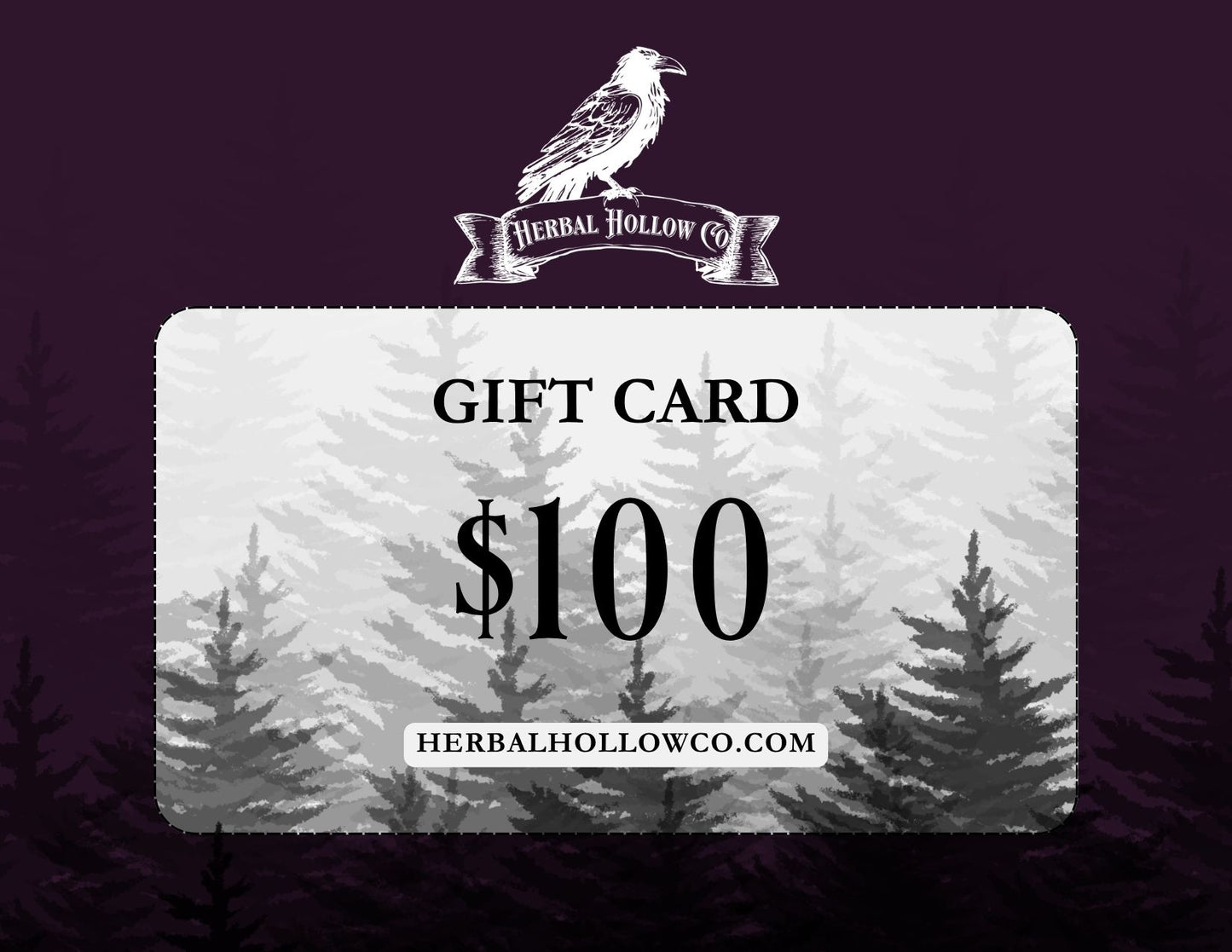 Gift card with $100 value and Herbal Hollow Co. branding on a dark background