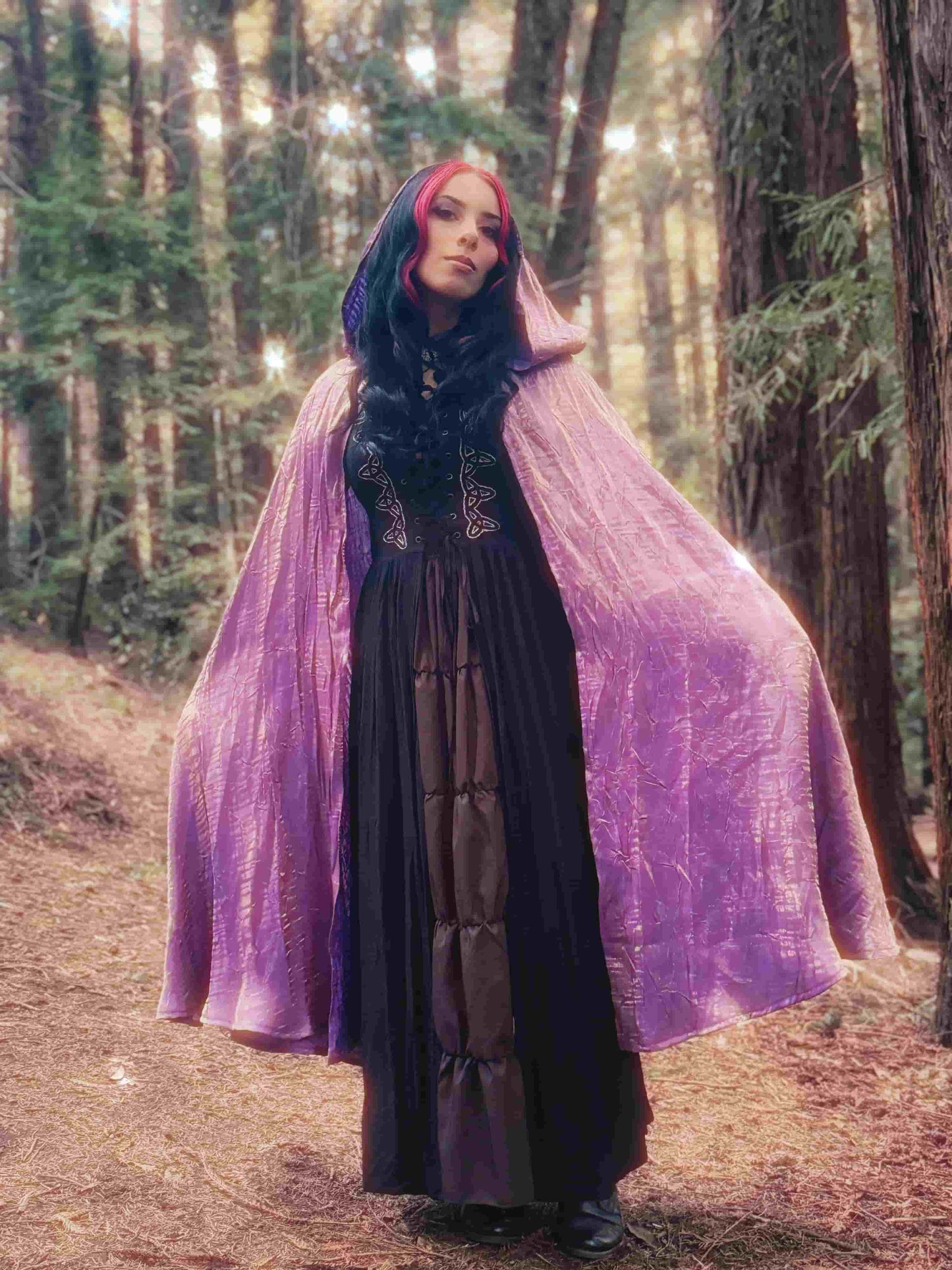 Handmade enchanting lilac iridescent lightweight cape, perfect for renaissance fairs, fantasy costumes, and magical cottagecore fashion.