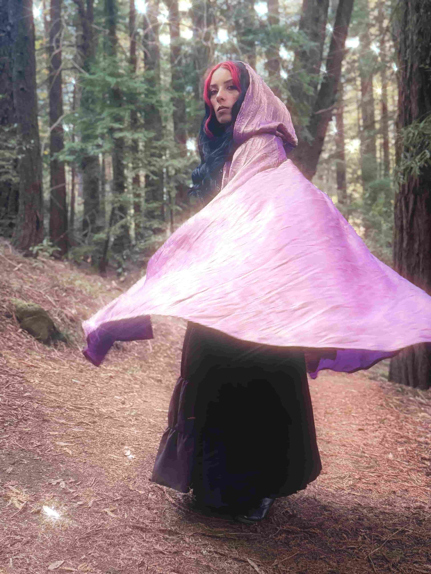 Handmade enchanting lilac iridescent lightweight cape, perfect for renaissance fairs, fantasy costumes, and magical cottagecore fashion.