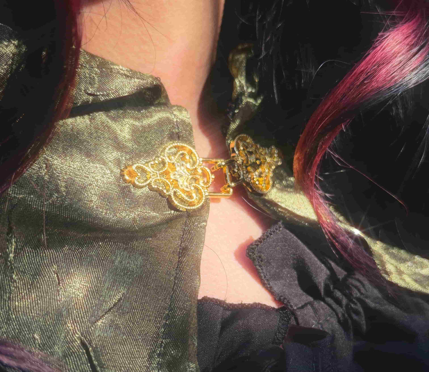Handmade gilded green iridescent lightweight cape with golden clasp, perfect for renaissance fairs, fantasy costumes, and magical cottagecore fashion.