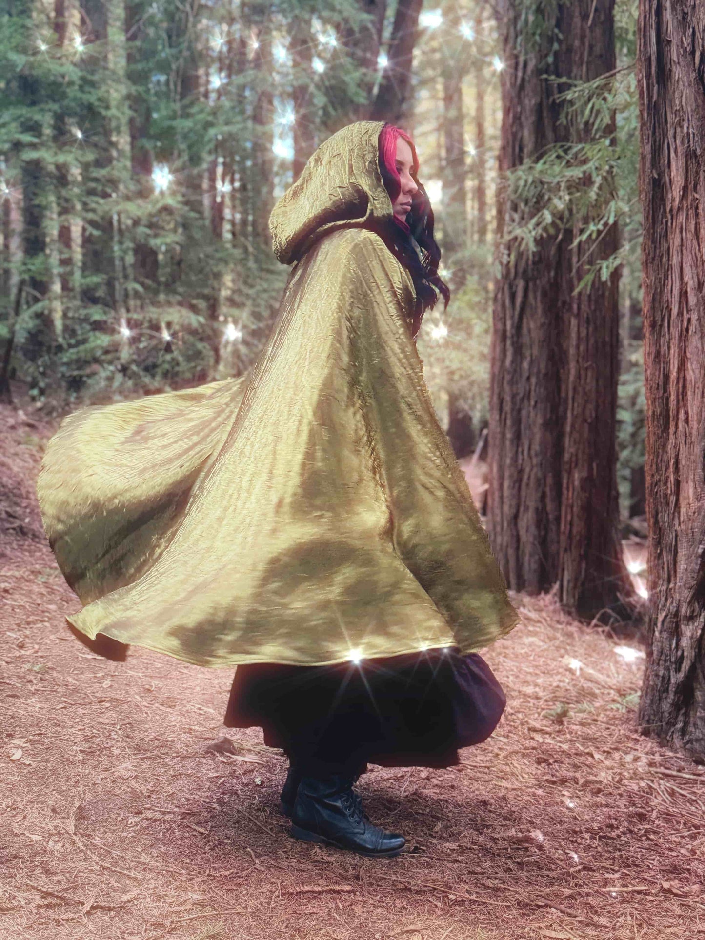 Handmade gilded green iridescent lightweight cape, perfect for renaissance fairs, fantasy costumes, and magical cottagecore fashion.