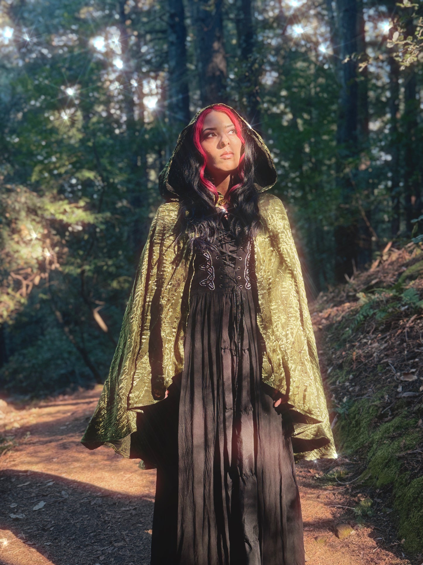 Herbal Hollow Co handmade gilded green iridescent lightweight cape, perfect for renaissance fairs, fantasy costumes, and cottagecore fashion.