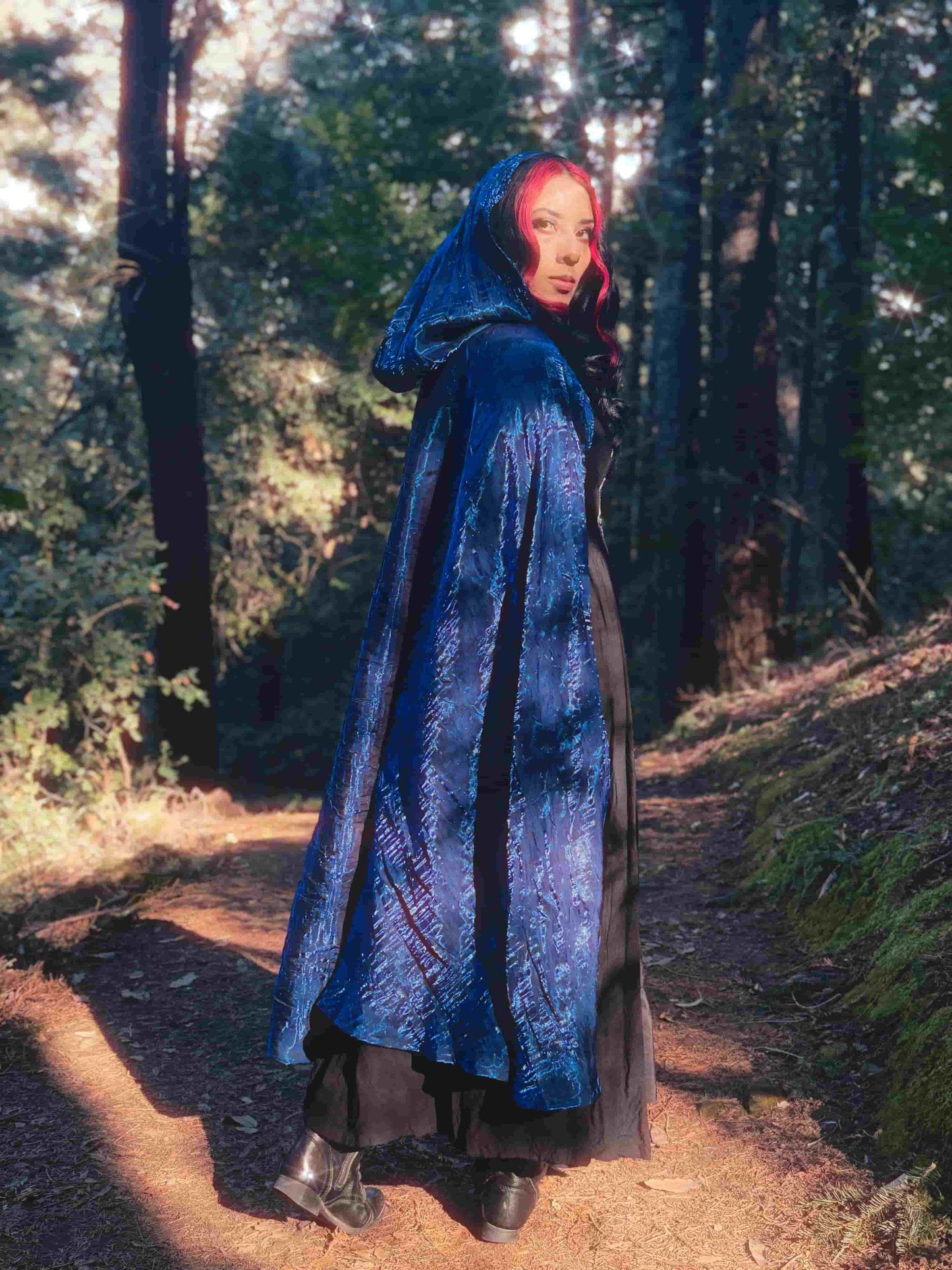 Handmade enchanting long dark blue iridescent lightweight cape, perfect for renaissance fairs, fantasy costumes, and magical cottagecore fashion.