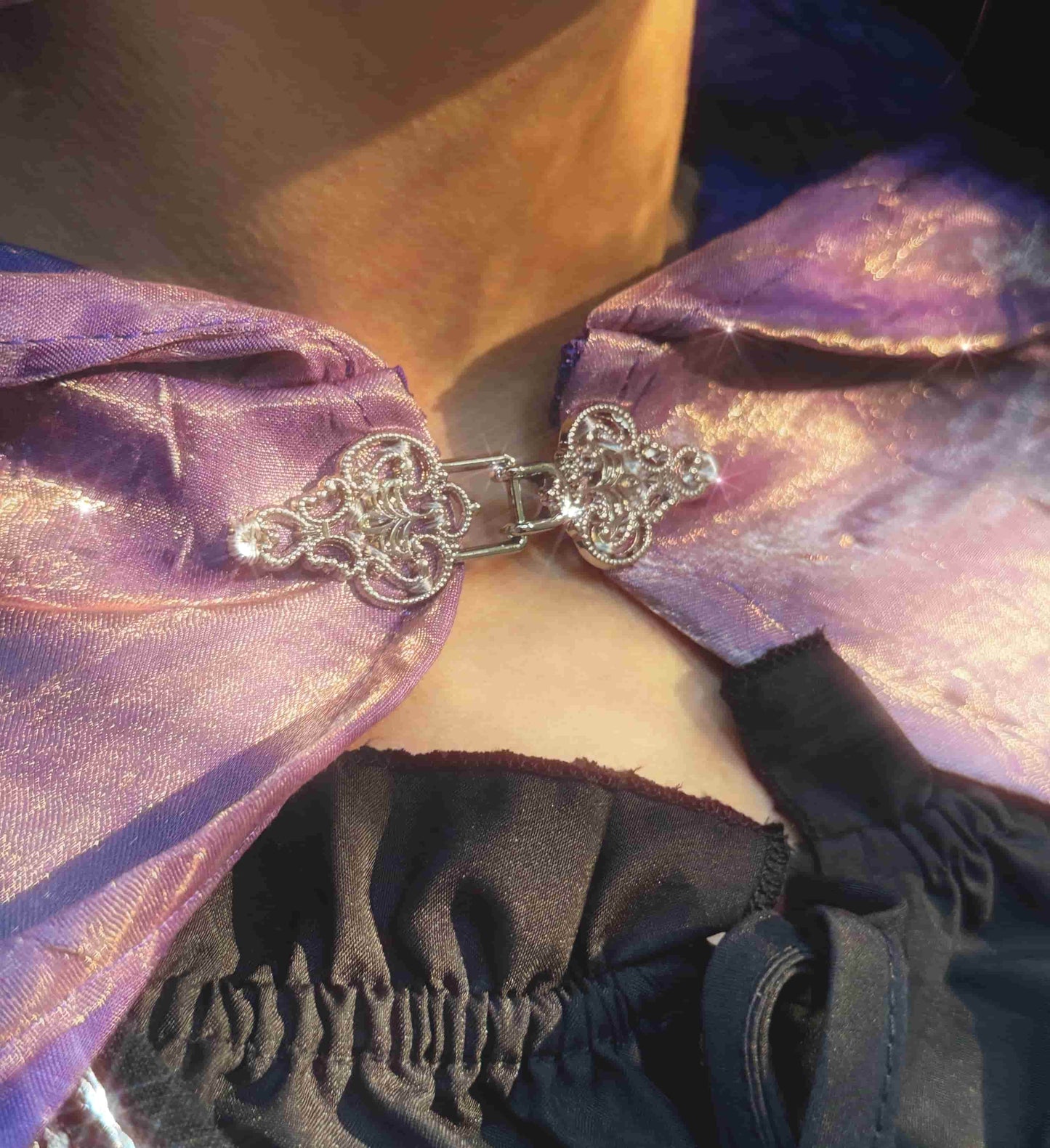Handmade enchanting lilac iridescent lightweight cape with silver ornate clasp, perfect for renaissance fairs, fantasy costumes, and magical cottagecore fashion.