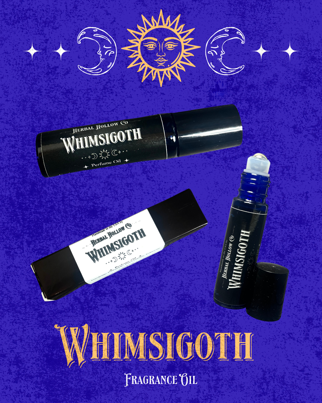 Whimsigoth fragrance oil packaging on a purple background with celestial symbols.