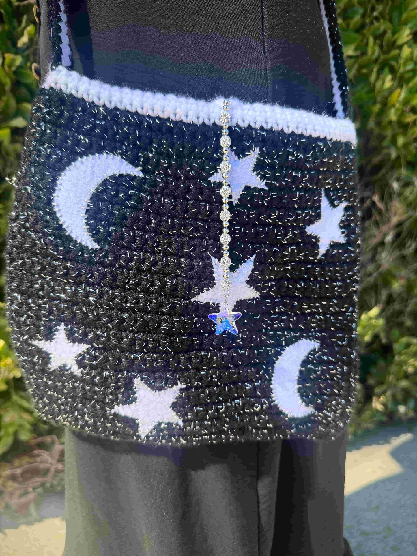 Star + Moon Crochet Bag - Black & White