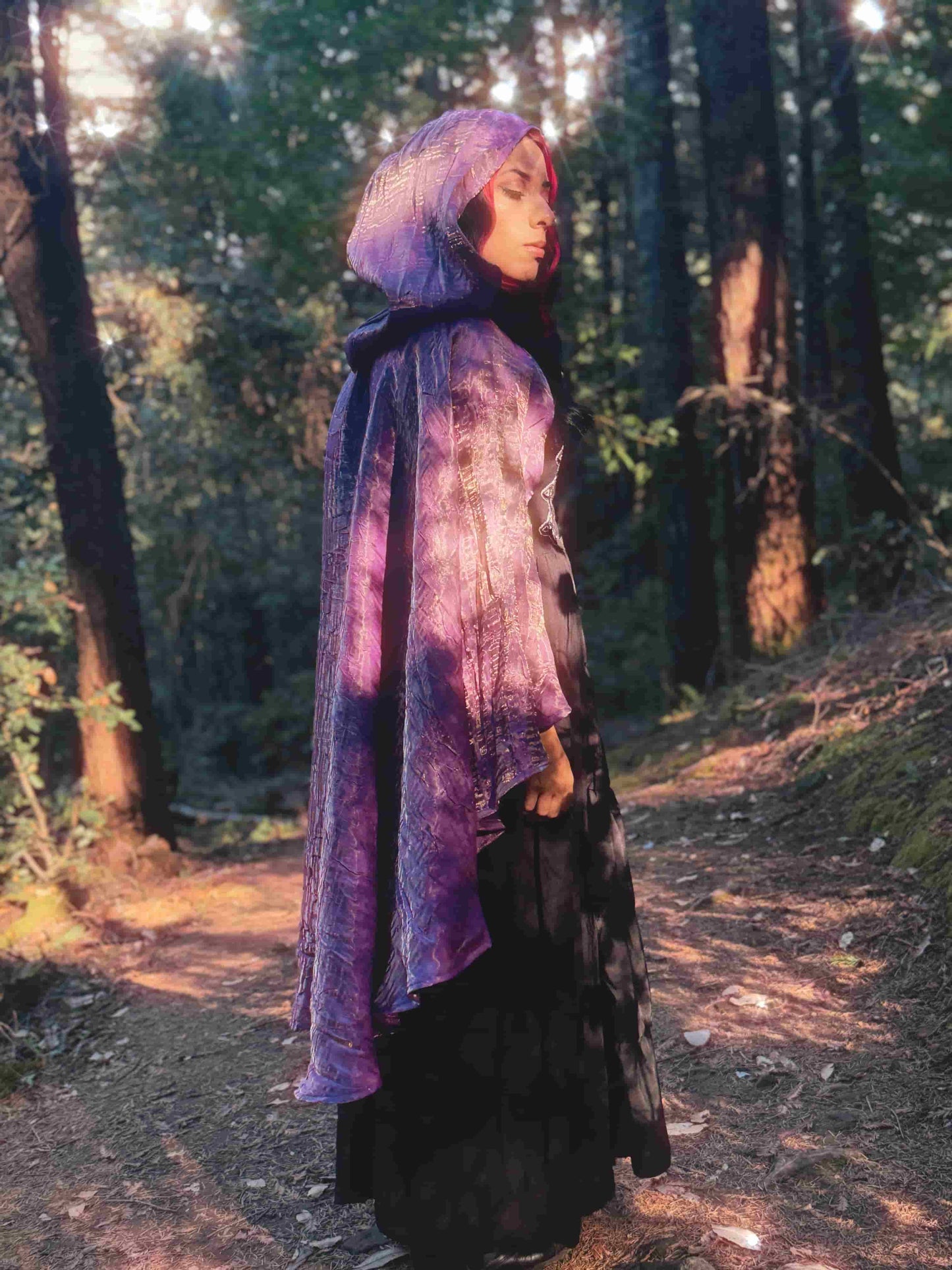 Handmade enchanting short layered lilac iridescent lightweight cape, perfect for renaissance fairs, fantasy costumes, and magical cottagecore fashion.