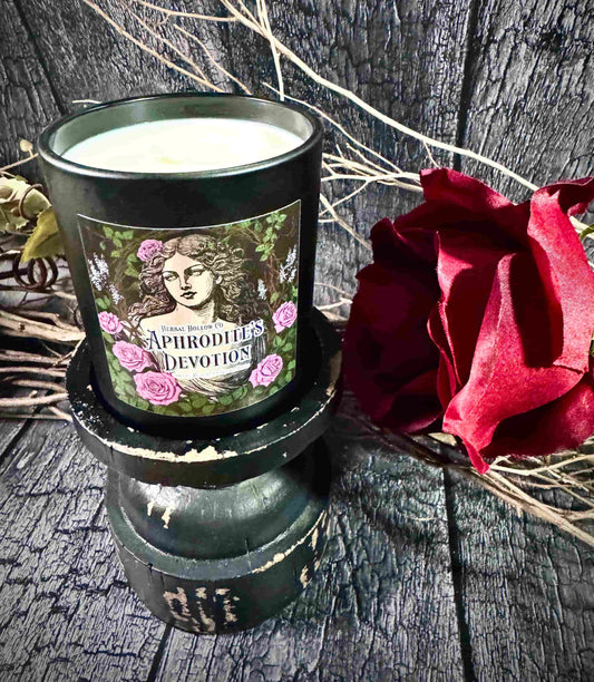 Aphrodite candle, a fantasy-inspired handcrafted candle with floral rose and sweet peach scent in mythology-themed design.