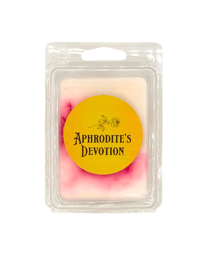 Wax melt in a clear packaging with 'Aphrodite's Devotion' label on a white background