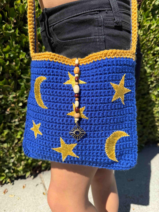 Star + Moon Crochet Bag - Blue and Gold