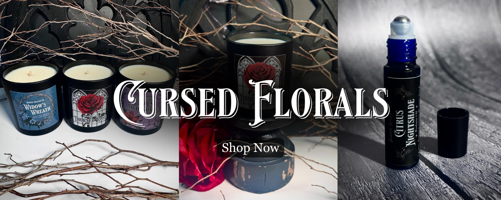 Promotional banner for 'Cursed Florals' with candles and a rollerball bottle on a textured background.