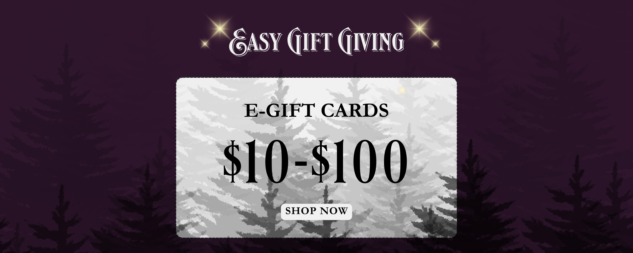 E-gift card advertisement with a purple background and Christmas trees.