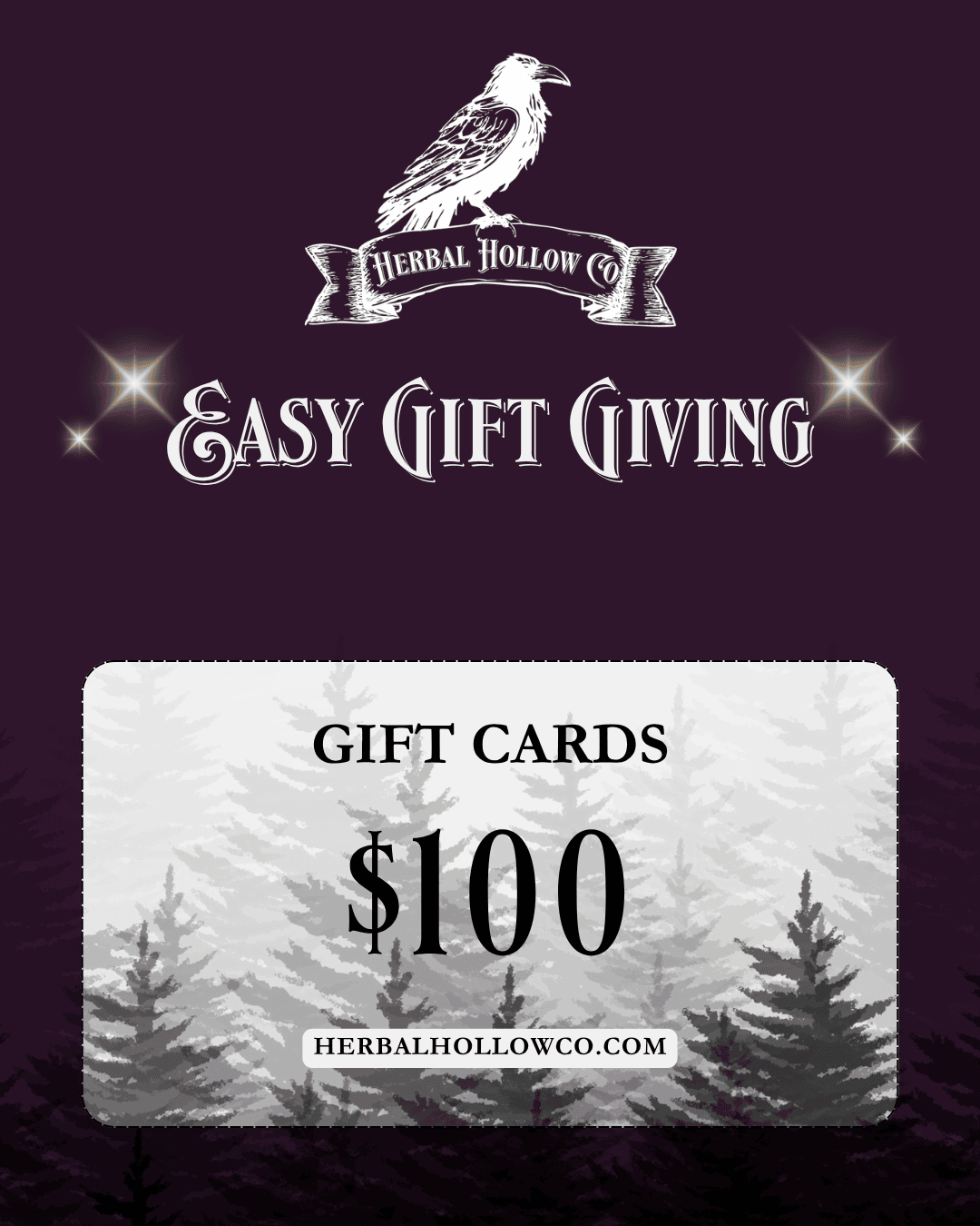 Gift card with $100 value for Herbal Hollow Co. on a dark purple background