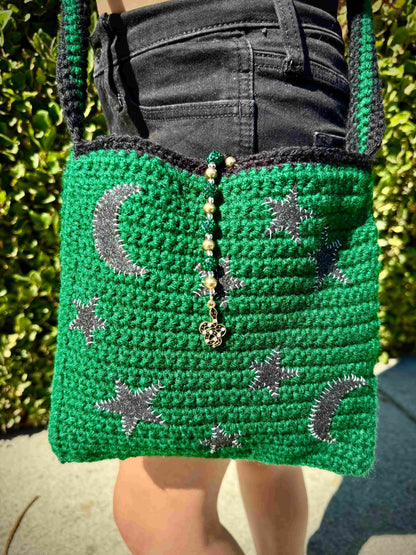 Star + Moon Crochet Bag - Forest Green and Black