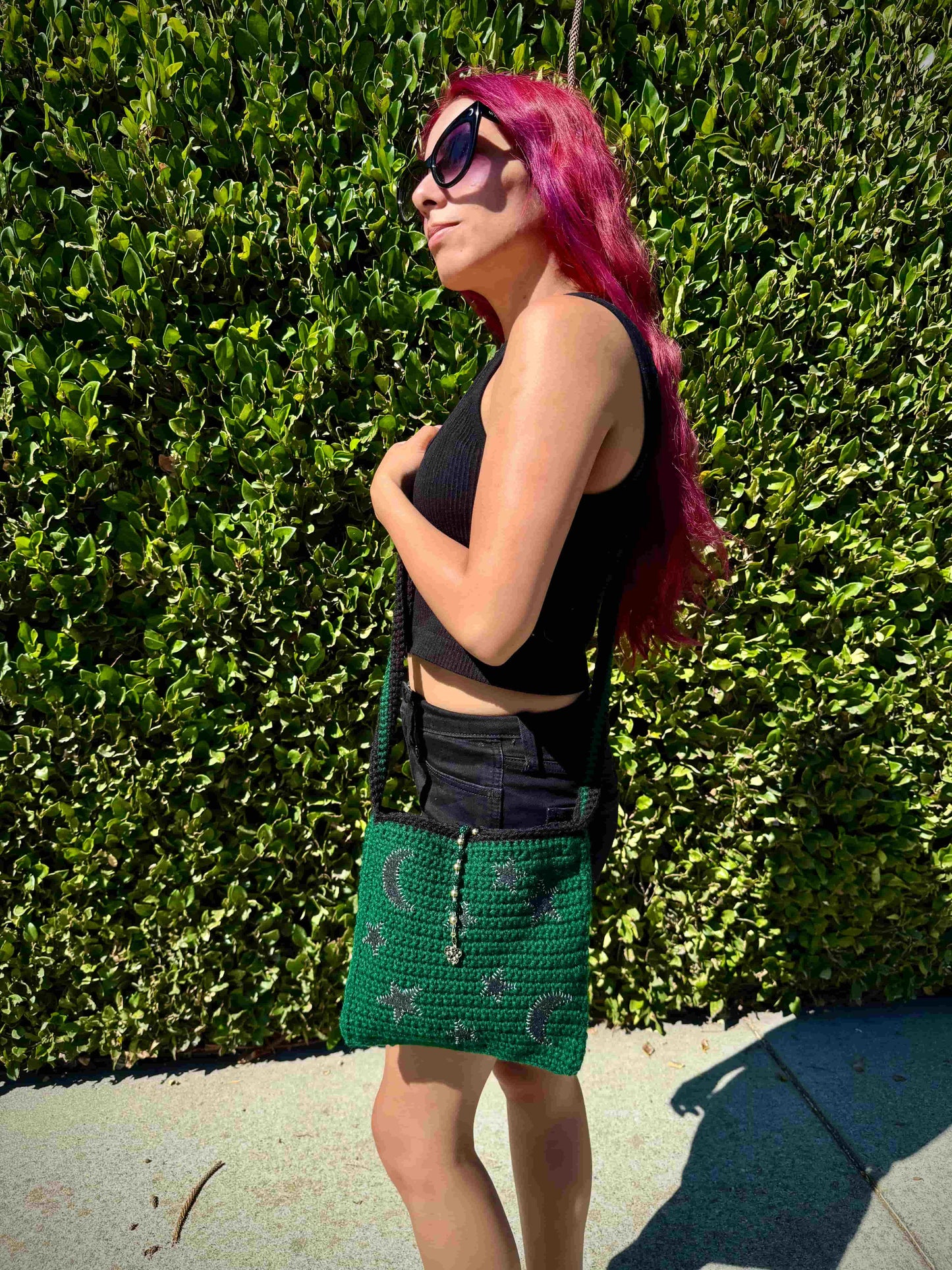 Star + Moon Crochet Bag - Forest Green and Black