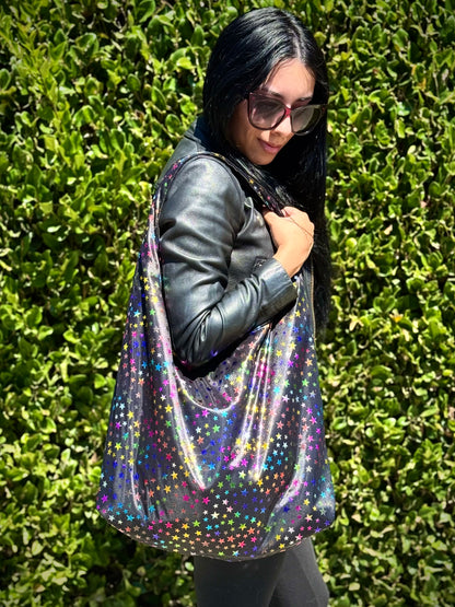 Rainbow Star Metallic Print Slouchy Bag