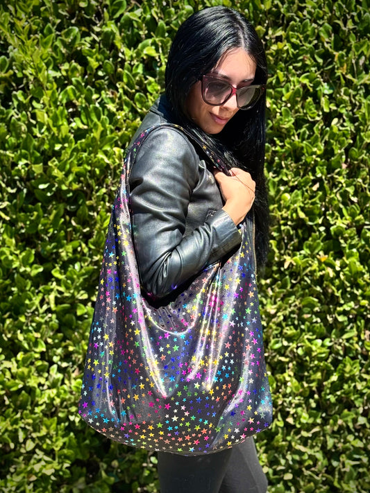 Rainbow Star Metallic Print Slouchy Bag