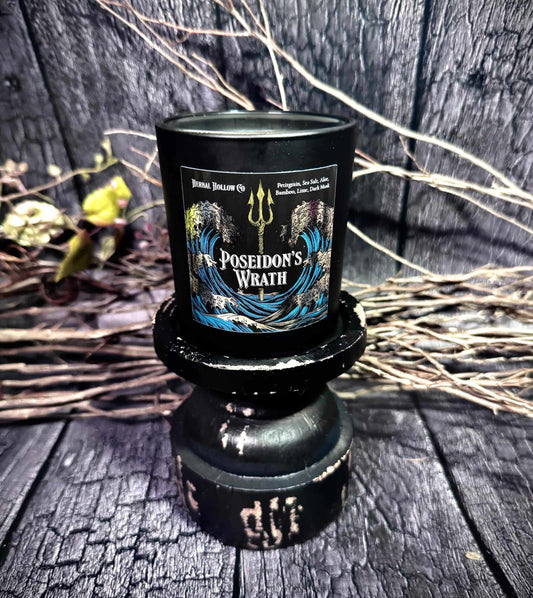 4oz gold labeled. Poseidon candle, a fantasy-inspired handcrafted candle with sea salt, bamboo, dark musk, aloe, petitgrain scent for men in mythology-themed design.