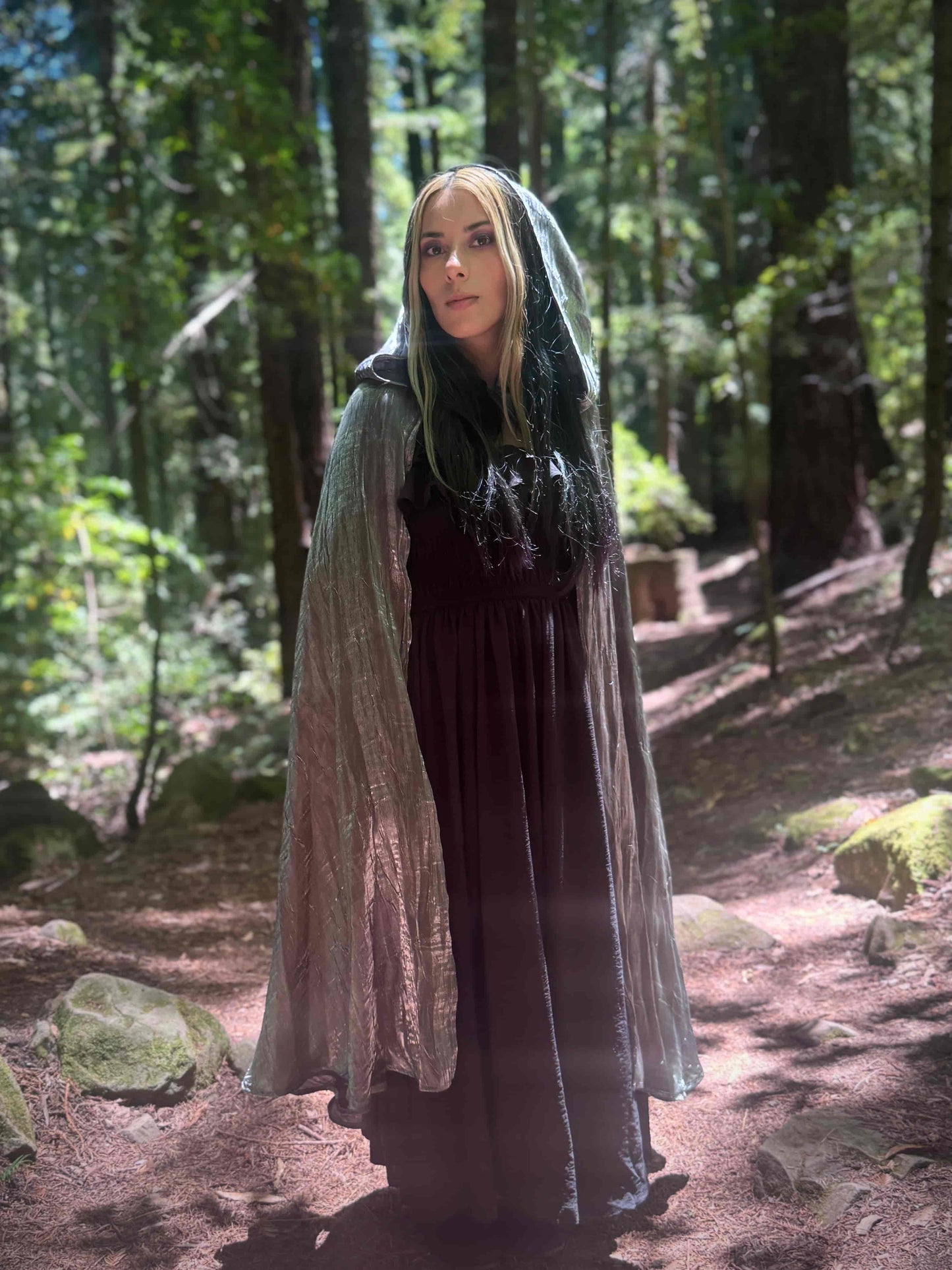 Person wearing a long silver hooded cloak in a forest setting