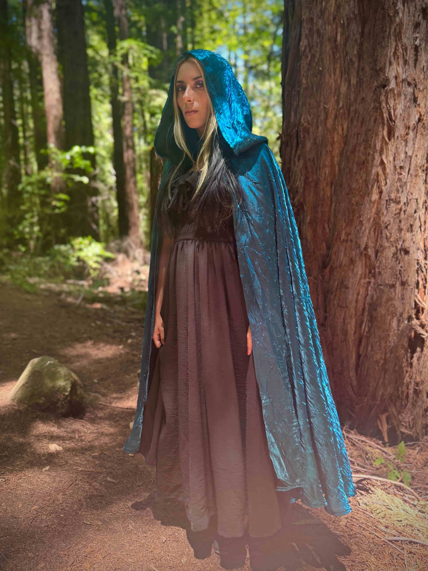 Person wearing a blue hooded cloak in a forest setting