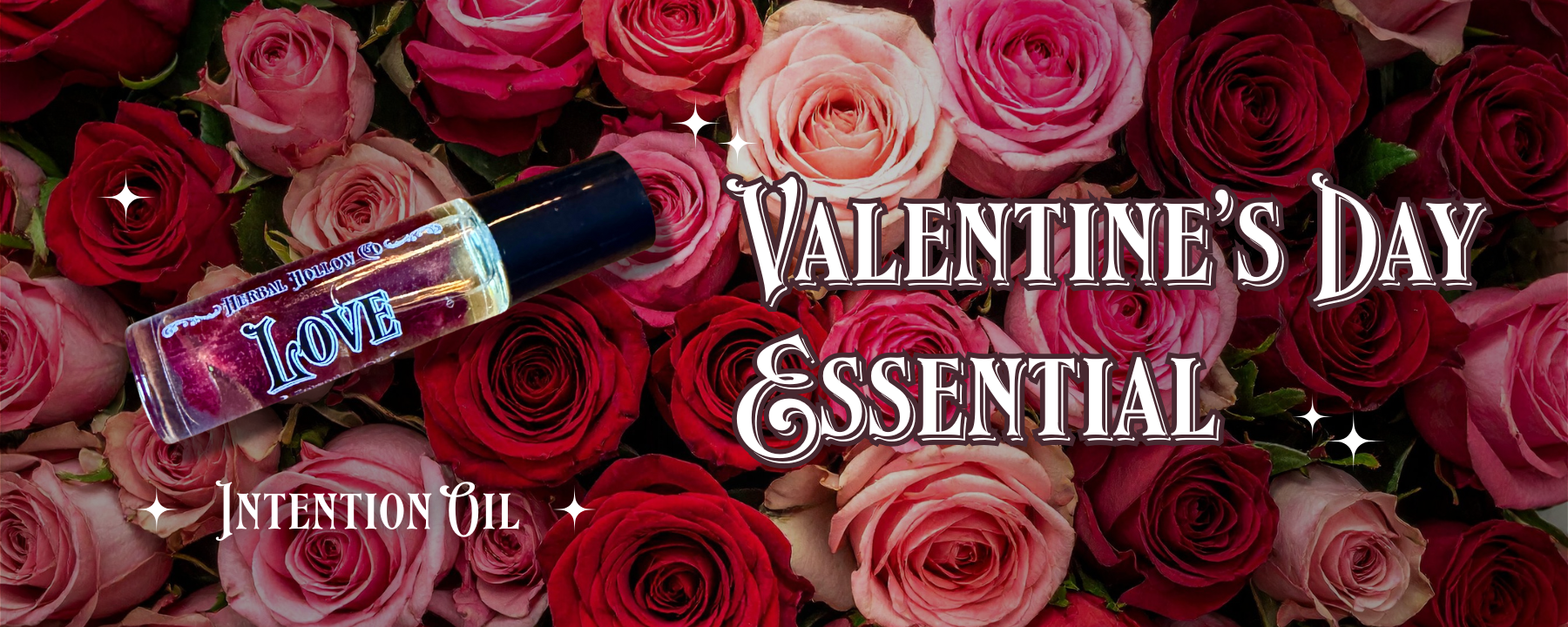 Valentine's Day "Love" essential oil bottle surrounded by roses with 'Valentine's Day Essential' text.