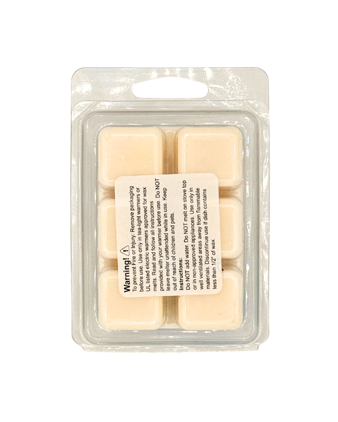 Packaged wax melts with a label on a white background