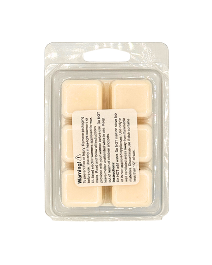 Packaged wax melts with a label on a white background