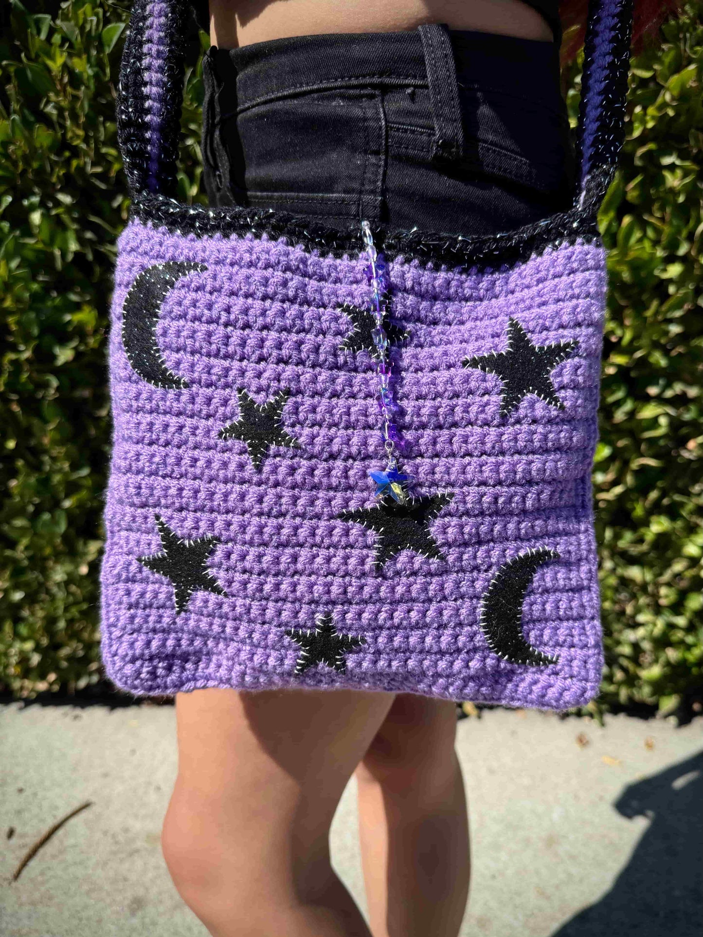 Star + Moon Crochet Bag - Purple and Black