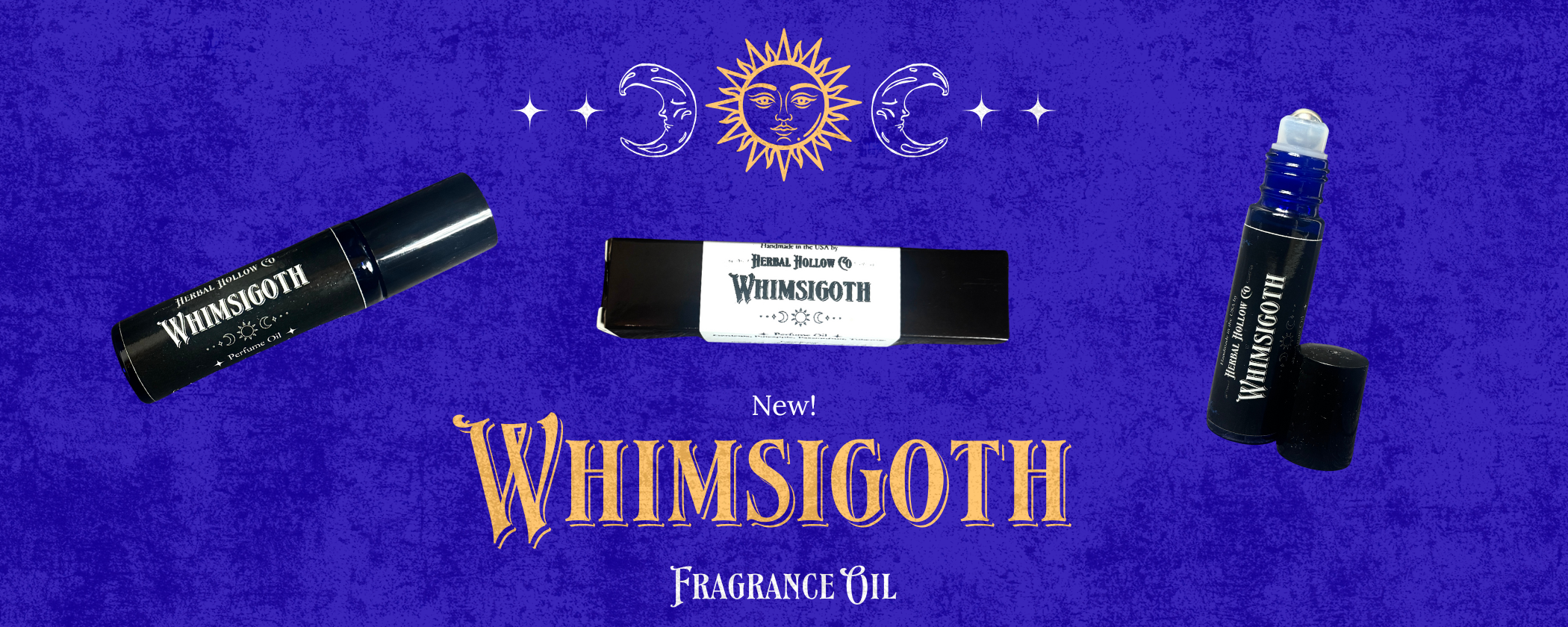 Whimsigoth fragrance oil packaging on a purple background with celestial symbols.