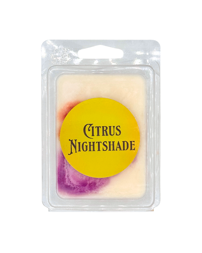 Wax melt in a clear packaging with 'Citrus Nightshade' label on a white background