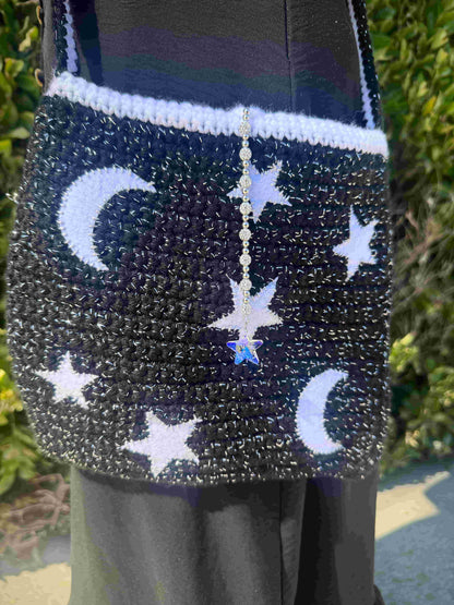 Star + Moon Crochet Bag - Black & White