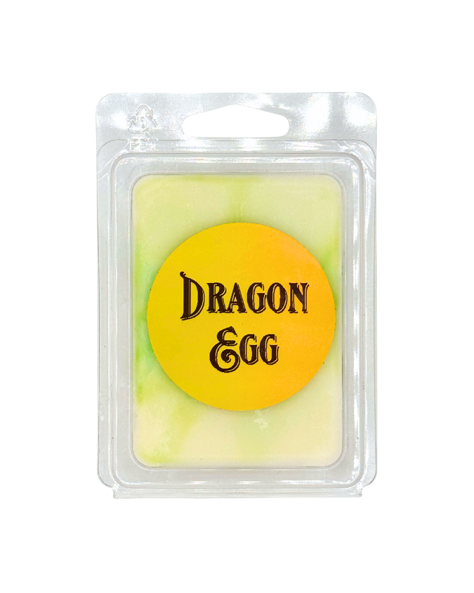 Wax melt in a clear packaging with 'Dragon Egg' label on a white background