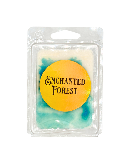 Wax melt in a clear packaging with 'Enchanted Forest' label on a white background