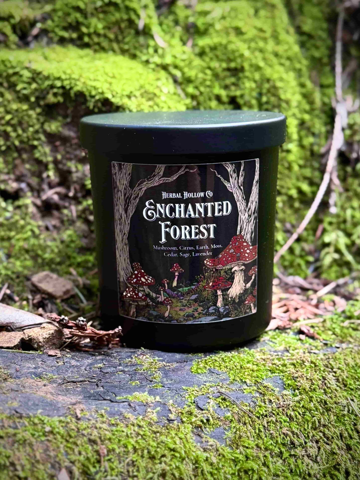 Candle labeled 'Enchanted Forest' on a mossy stone surface
