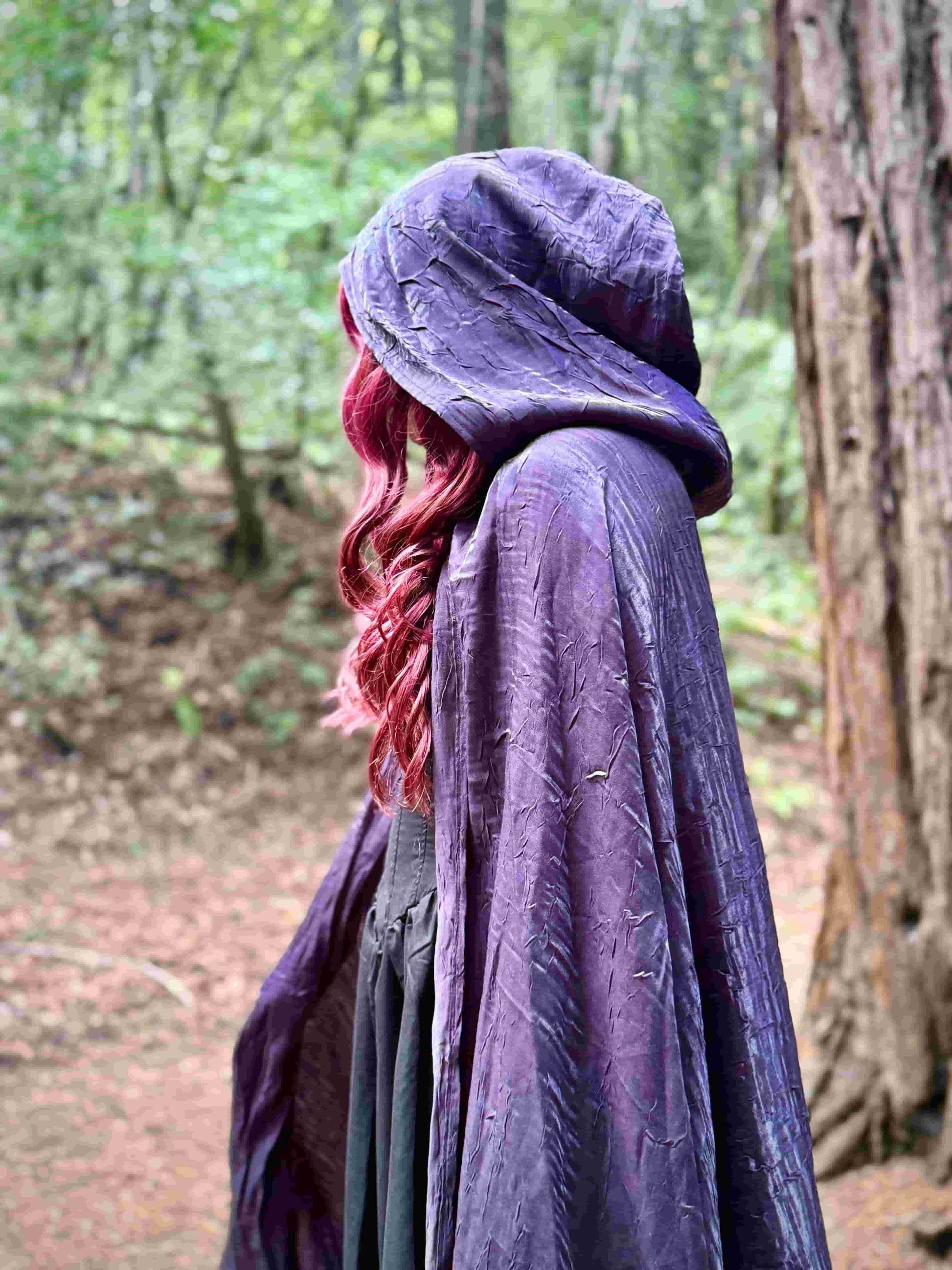 Person wearing a purple cloak with hood in a forest setting