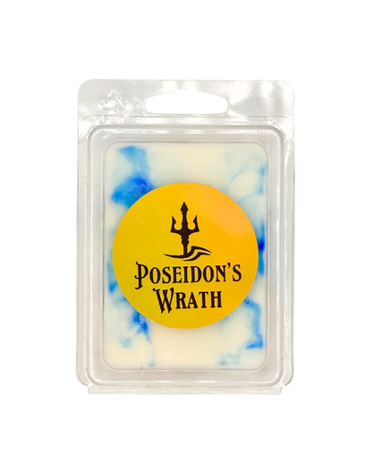 Wax melt in a clear packaging with 'Poseidon's Wrath' label on a white background