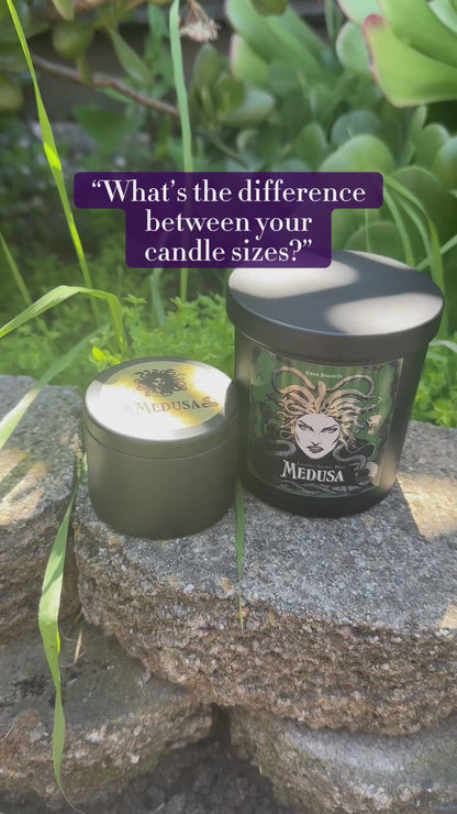 Video comparing Herbal Hollow Co’s fantasy-themed scented Medusa candle in small and large sizes.