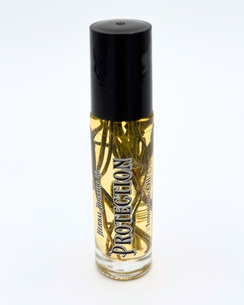 Rollerball perfume bottle labeled 'Protection' with black cap on a white background.