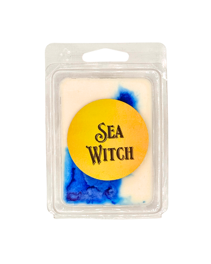 Wax melt in a clear packaging with 'Sea Witch' label on a white background