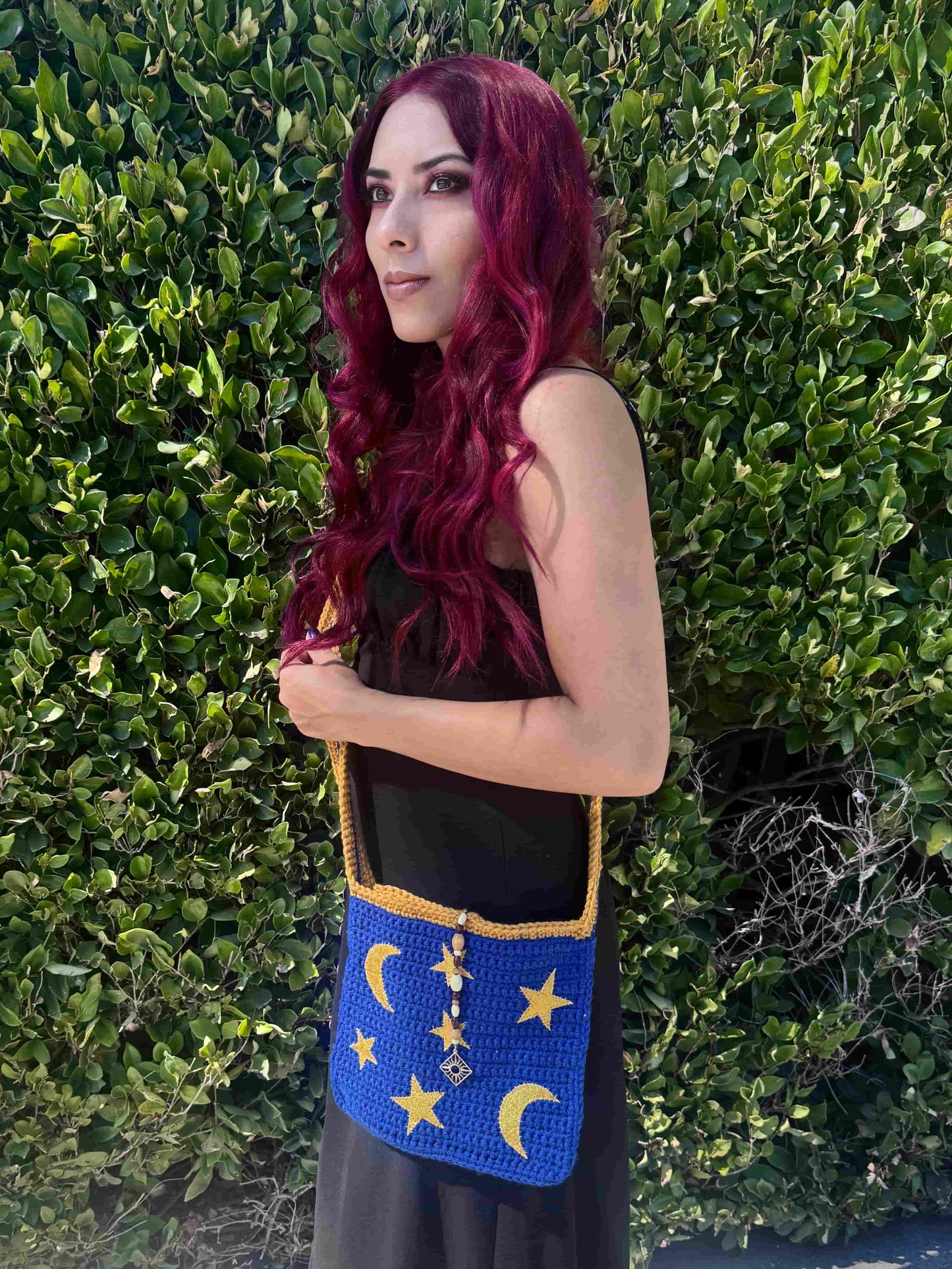 Star + Moon Crochet Bag - Blue and Gold